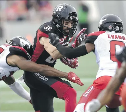  ?? PHOTOS: THE CANADIAN PRESS ?? Redblacks receiver Brad Sinopoli says avoiding turnovers will be a key to victory in their rematch with the Stampeders.