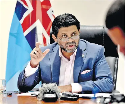  ?? Picture: RAMA ?? Attorney-General and Economy Minister Aiyaz Sayed-Khaiyum stresses a point during the news conference yesterday.