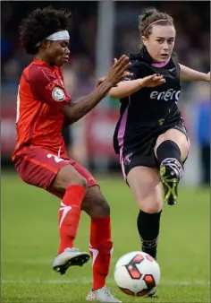  ??  ?? Orlaith Conlon of Wexford Youths in action against Charity Adule of BIIK-Kazygurt on Tuesday.