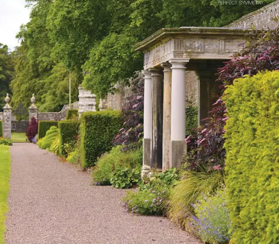  ??  ?? Above: The portico in the west border houses a memorial to Sir Basil Montgomery. Far left: Pale pink oriental poppy. Centre left: Yellow achillea. Below left: Lysimachia punctata.