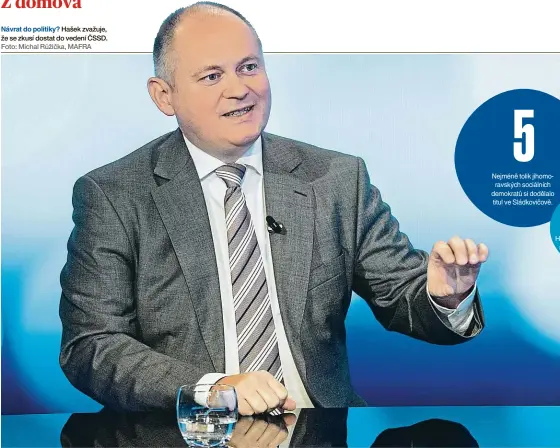  ?? Foto: Michal Růžička, MAFRA ?? Návrat do politiky? Hašek zvažuje, že se zkusí dostat do vedení ČSSD.
