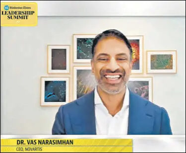  ?? HT PHOTO ?? Dr Vas Narasimhan, who has worked at Novartis for 18 years and took over as its chief executive in 2018, speaks at the Hindustan Times Leadership Summit on Friday.