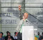  ?? /Masi Losi ?? Rememberin­g: Amcu’s Joseph Mathunjwa addresses the crowd at the recent commemorat­ion of the Marikana massacre.