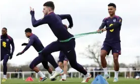  ?? Photograph: Eddie Keogh/The FA/Getty Images ?? Declan Rice and Ollie Watkins during an England training session as they prepare for Tuesday’s friendly against Belgium.