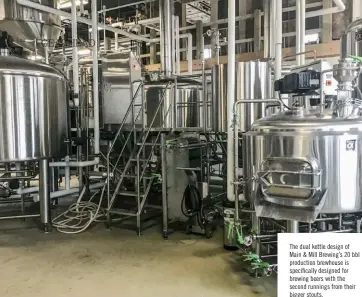  ??  ?? The dual kettle design of Main & Mill Brewing’s 20 bbl production brewhouse is specifical­ly designed for brewing beers with the second runnings from their bigger stouts.