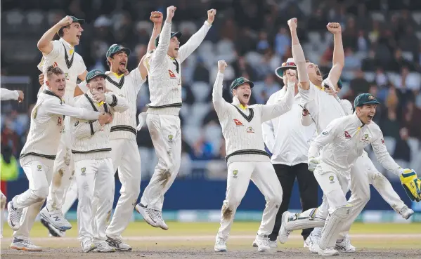  ?? Picture: GETTY IMAGES ?? THE MOMENT: The Australian­s celebrate after Josh Hazlewood’s lbw appeal against Stuart Broad was confirmed, ensuring they retained the Ashes.