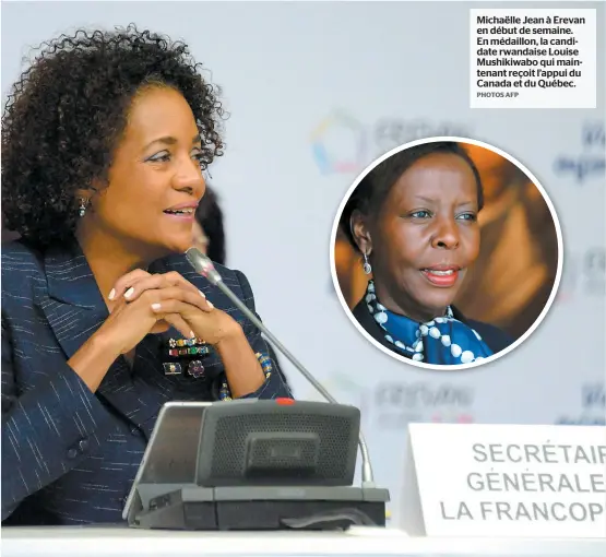  ??  ?? Michaëlle Jean à Erevan en début de semaine. En médaillon, la candidate rwandaise Louise Mushikiwab­o qui maintenant reçoit l’appui du Canada et du Québec. PHOTOS AFP