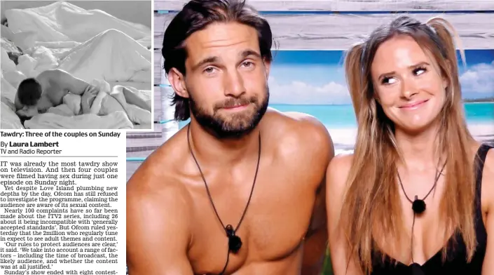  ??  ?? Tawdry: Three of the couples on Sunday Unabashed: After their sexual exploits, Jamie Jewitt and Camilla Thurlow are now favourites to win the £50,000 contest