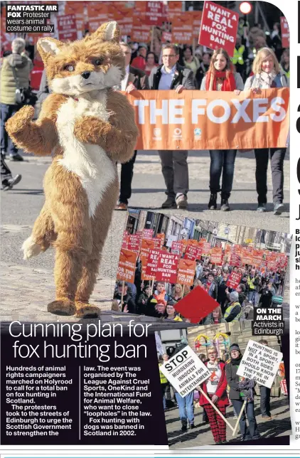  ??  ?? FANTASTIC MR FOX Protester wears animal costume on rally ON THE MARCH Activists in Edinburgh