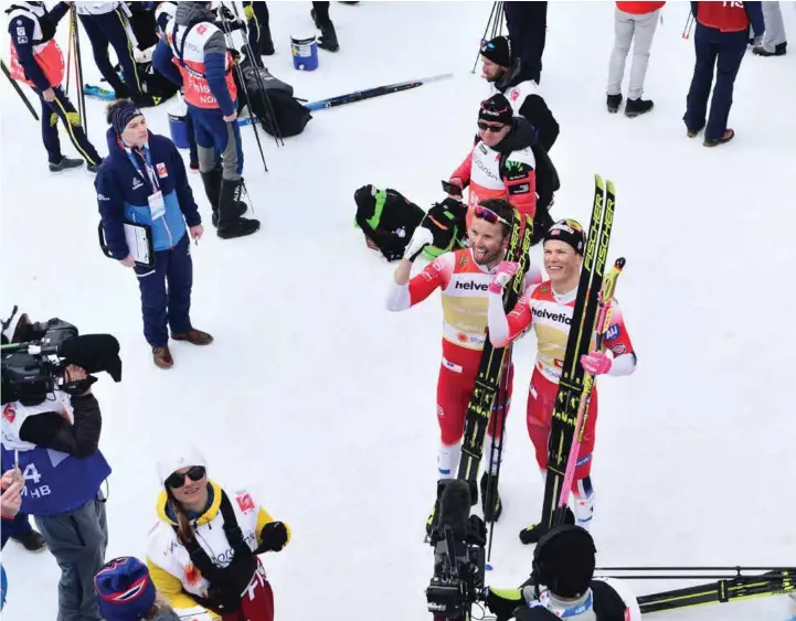  ?? FOTO: MARTIN SLOTTEMO LYNGSTAD ?? Emil Iversen og Johannes Høsflot Klaebo sikret Norges femte gull i VM.