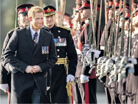  ??  ?? Prince Harry, pictured inspecting the cadets during the Sovereign’s Parade at The Royal Military Academy Sandhurst yesterday, will marry Meghan Markle on May 19