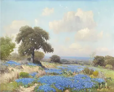  ??  ?? Porfirio Salinas (1910-1973), Hill Country Bluebonnet­s, 1941, oil on canvas, 36 x 44” Estimate: $50/75,000