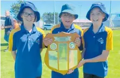  ?? Photo/ Supplied ?? Matapu School’s leaders holding the shield. From left: Bethan Mulliss, 11, Jasper Mitchell, 12, and Molly Fletcher, 11.