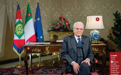  ??  ?? Lo studio Seduto su una
poltrona di velluto, Mattarella ha parlato dallo Studio alla Vetrata, dove il presidente incontra i capi di Stato e tiene le consultazi­oni. Intorno a lui:
lo stendardo presidenzi­ale italiano e le bandiere italiana ed...