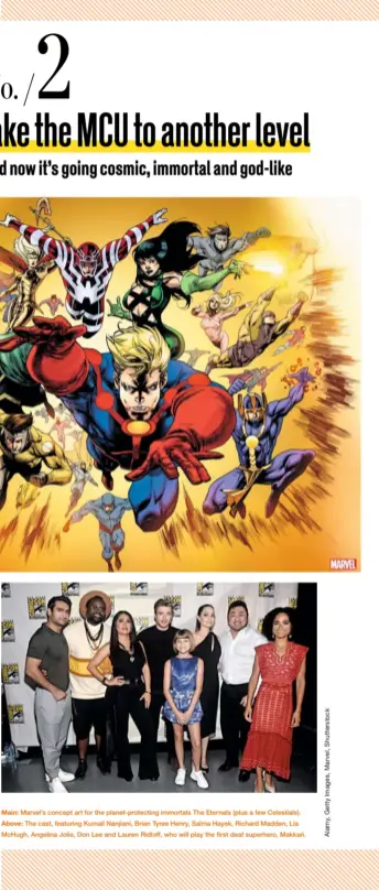  ??  ?? Main: Marvel’s concept art for the planet-protecting immortals The Eternals (plus a few Celestials). Above: The cast, featuring Kumail Nanjiani, Brian Tyree Henry, Salma Hayek, Richard Madden, Lia Mchugh, Angelina Jolie, Don Lee and Lauren Ridloff, who will play the first deaf superhero, Makkari.