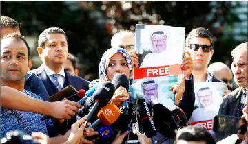  ??  ?? Karman talks to the media during a protest in front of Saudi Arabia’s consulate in Istanbul, Turkey. — Reuters photo