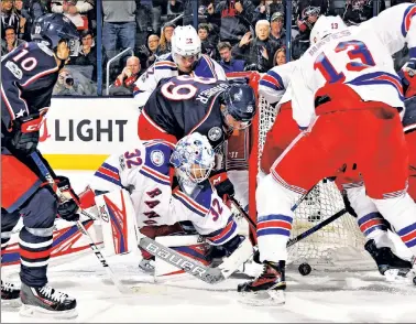  ?? Getty Images ?? FRANTIC FINN-ISH: Rangers backup goalie Antti Raanta, a native of Finland, denied the Blue Jackets repeatedly in the waning seconds of Monday night’s game to secure the victory in Columbus.