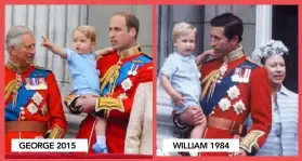  ??  ?? GEORGE 2015
WILLIAM 1984 The pictures might be 34 years apart but there’s no denying just how adorable and stylish the blue romper suit that both Prince George and dad William have now worn is.