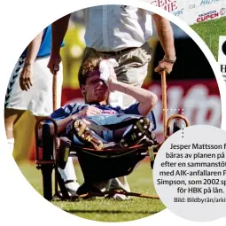  ?? Bild: Bildbyrån/arkiv ?? Jesper Mattsson får bäras av planen på bår efter en sammanstöt­ning med Aik-anfallaren Pascal Simpson, som 2002 spelade för HBK på lån.