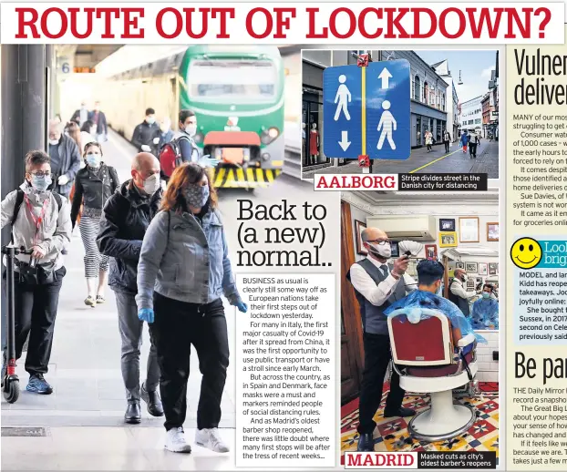  ??  ?? AALBORG
Stripe divides street in the Danish city for distancing
MADRID
Masked cuts as city’s oldest barber’s reopens