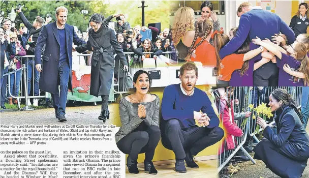  ??  ?? Prince Harry and Markle greet well-wishers at Cardiff Castle on Thursday, for a day showcasing the rich culture and heritage of Wales. (Right and top right) Harry and Markle attend a street dance class during their visit to Star Hub community and leisure centre in the Tremorfa area of Cardiff; and Markle receives flowers from a young well-wisher. — AFP photos