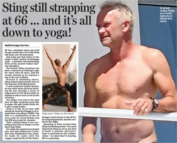  ??  ?? In great shape: Sting on a hotel balcony in Miami this week