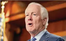  ?? Mariam Zuhaib/Associated Press ?? Sen. John Cornyn, R-Texas, offers slim odds of Congress passing an investment measure to counter China.