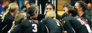  ?? VCSU photo ?? The Valley City State volleyball team in a pregame huddle earlier this season.