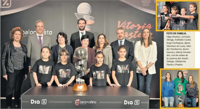  ??  ?? FOTO DE FAMILIA. Olga Jiménez, Germán Monge, Estíbaliz Cantó, Jorge Garbajosa, Igone Martínez de Luna, Maider Etxebarria, Javier García y Marta Fernández, con las niñas de la cantera del Araski. Debajo, Olabarria, Pardo y Prados.