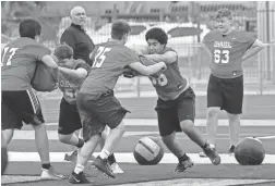  ??  ?? Chaparral High football players perform a drill during spring football practice in Scottsdale.