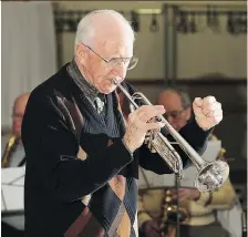  ??  ?? Band leader Kevin Masterson plays trumpet with the Nil-A-Nova band, which will perform Sunday at Mackenzie Hall.