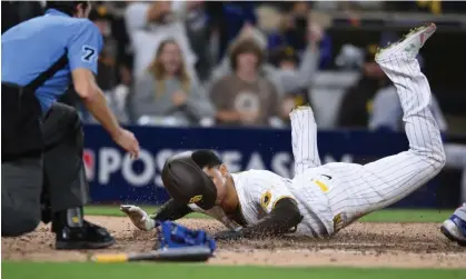  ?? Photograph: Orlando Ramirez/USA Today Sports ?? San Diego Padres right fielder Juan Soto scores in the seventh inning during his team’s come-from-behind win over the Los Angeles Dodgers.