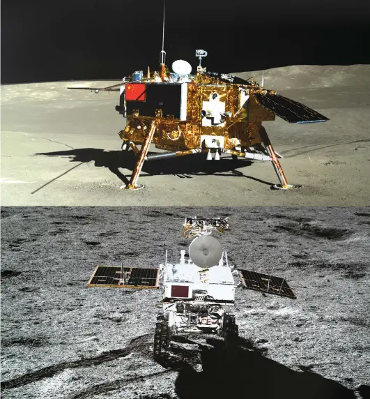  ?? Photos: Courtesy of China National Space Administra­tion ?? Photos of lunar lander Chang’e-4 (above) and rover Yutu II taken by each other on the far side of the moon on Friday.