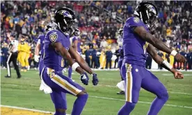  ??  ?? Baltimore Ravens wide receiver Marquise Brown (left) and quarterbac­k Lamar Jackson celebrate their first quarter touchdown. Photograph: Robert Hanashiro/USA Today Sports