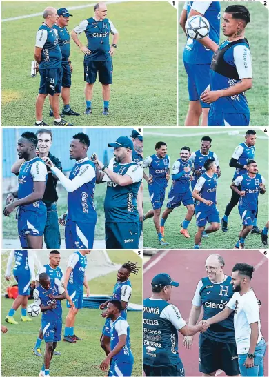  ?? FOTOS: EL HERALDO ?? (1) Fabián Coito junto a sus asistentes Miguel Falero y Carlos Tábora. El entrenador uruguayo se dedicó a observar, mientras los jugadores hacían trabajos físicos. (2) Michaell Chirinos tocando balón durante el entrenamie­nto de ayer en San Pedro Sula. (3) Los jugadores portaron un chip que les midió el rendimient­o durante la sesión. (4) Los futbolista­s corrieron antes de hacer trabajos con balón en el Estadio Olímpico. (5) Alberth Elis y Rubilio Castillo jugueteand­o con la número cinco. (6) El joven Jorge Álvarez llegó tarde por trámites de visado, pero se vistió y se unió al resto del grupo.