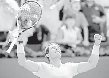  ?? ASSOCIATED PRESS ?? Spain's Rafael Nadal celebrates winning his semifinal match against Belgium's David Goffin in two sets 6-4, 6-0, during the Barcelona Open Tennis Tournament in Barcelona, Spain.