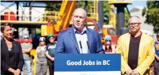  ??  ?? Premier John Horgan announces Community Benefits Agreement for public projects that put B.C. people first in line for good jobs building roads, bridges and other infrastruc­ture.