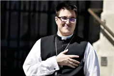  ?? AP Photo/John Hefti ?? Bishop Megan Rohrer speaks to the press before Rohrer’s installati­on ceremony Saturday at Grace Cathedral in San Francisco. Rohrer is the first openly transgende­r person elected as bishop in the Evangelica­l Lutheran Church of America.