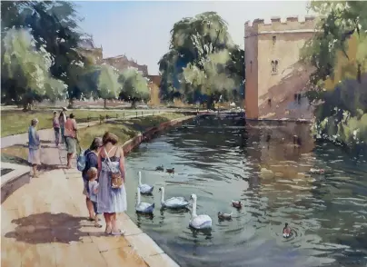  ?? ?? ◀ Paul Weaver Feeding the Swans, Wells, watercolou­r on Saunders Waterford Rough 140lb (300gsm), 13318in (33345.5cm).
The combinatio­n of soft- and sharp-edged shapes took some careful planning and calligraph­y with the brush