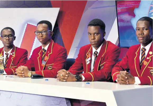  ??  ?? Cornwall College’s quiz team prepares to face off against Manchester High School during last week’s Schools’ Challenge Quiz competitio­n on TVJ. The team consists of (from left) Rashawn Stewart, Uchenna Njaku, Aaron Daley, and captain Darien Street .