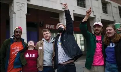  ?? Photograph: Eduardo Munoz Avarez/AP ?? Members of the Amazon Labor Union in New York. ‘“Revolution” may be overstatin­g it, but something is in the air.’