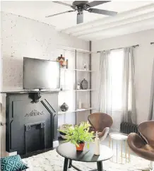  ??  ?? In a New York apartment, African objects and basketry are displayed on modern industrial shelving. Below left: A pouf upholstere­d in an African motif.