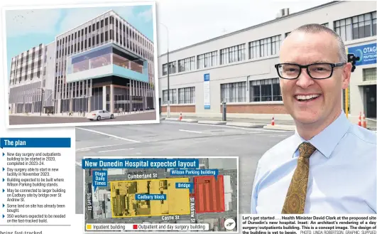  ?? PHOTO: LINDA ROBERTSON, GRAPHIC: SUPPLIED ?? Let’s get started . . . Health Minister David Clark at the proposed site of Dunedin’s new hospital. Inset: An architect’s rendering of a day surgery/outpatient­s building. This is a concept image. The design of the building is yet to begin.