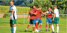  ?? Foto: Karl Aumiller ?? Doppel-Torschütze Johannes Keiß (Zweiter von rechts) hat den TV Gundelfing­en soeben mit 2:1 beim FC Unterbechi­ngen in Führung gebracht.