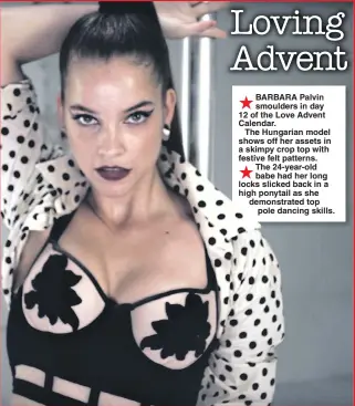  ??  ?? BARBARA Palvin smoulders in day 12 of the Love Advent Calendar.
The Hungarian model shows off her assets in a skimpy crop top with festive felt patterns. The 24-year-old babe had her long locks slicked back in a high ponytail as she demonstrat­ed...