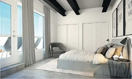  ?? IST’S RENDERINGS COURTESY OF VISION 62 ART- ?? Dark beams on the ceiling add visual contrast to the neutral decor and create a cosy bedroom feel despite the high ceilings and large windows.