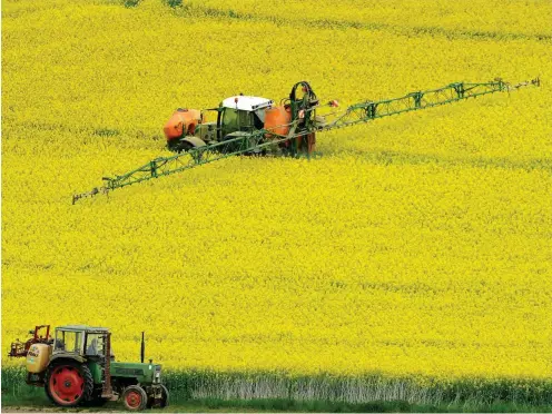  ?? Foto: dpa/Arne Dedert ?? Pestizidei­nsatz auf einem Feld im südhessisc­hen Kreis Wetterau