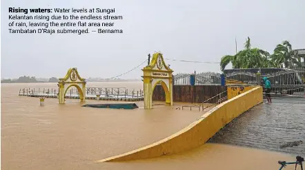  ?? — bernama ?? Rising waters: Water levels at Sungai Kelantan rising due to the endless stream of rain, leaving the entire flat area near tambatan d’raja submerged.