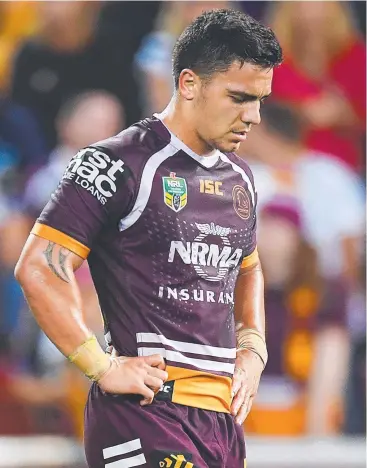  ?? Picture: GETTY IMAGES ?? DOWNCAST: Kodi Nikorima looks dejected during the NRL Eliminatio­n Final match his Brisbane Broncos lost to St George Illawarra Dragons 48-18.