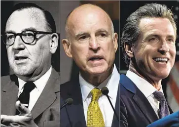  ?? Getty Images ?? THREE California governors: Pat Brown, left, his son, Jerry, and Gavin Newsom. The issue of capital punishment bedeviled the two Browns, and Newsom declared a moratorium on executions soon after taking office.